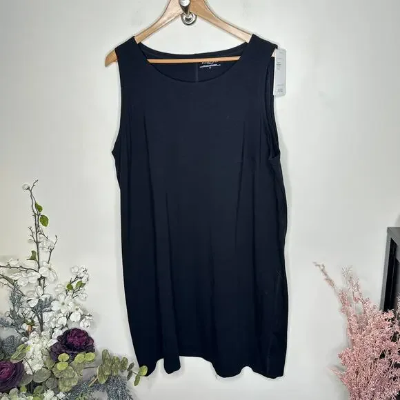 DBREAKTHROUGH - EILEEN FISHER Organic Cotton Jersey Ballet Neck Dress Black  Sz 2X NWT {I27}